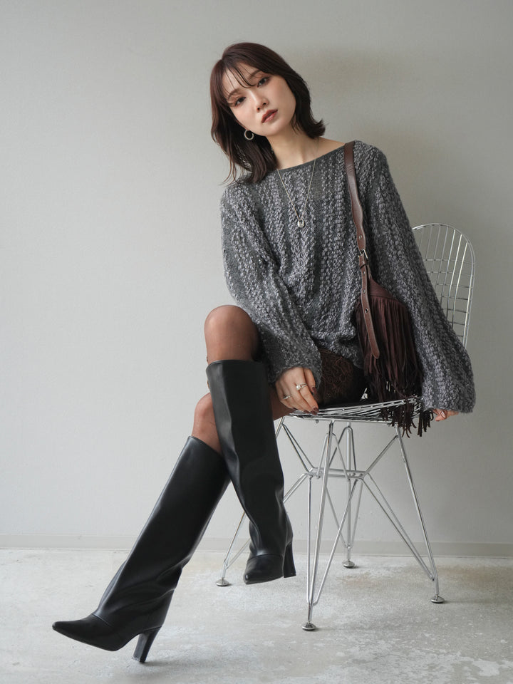 [予約]スパンコール異素材ストライプニットプルオーバー/gray