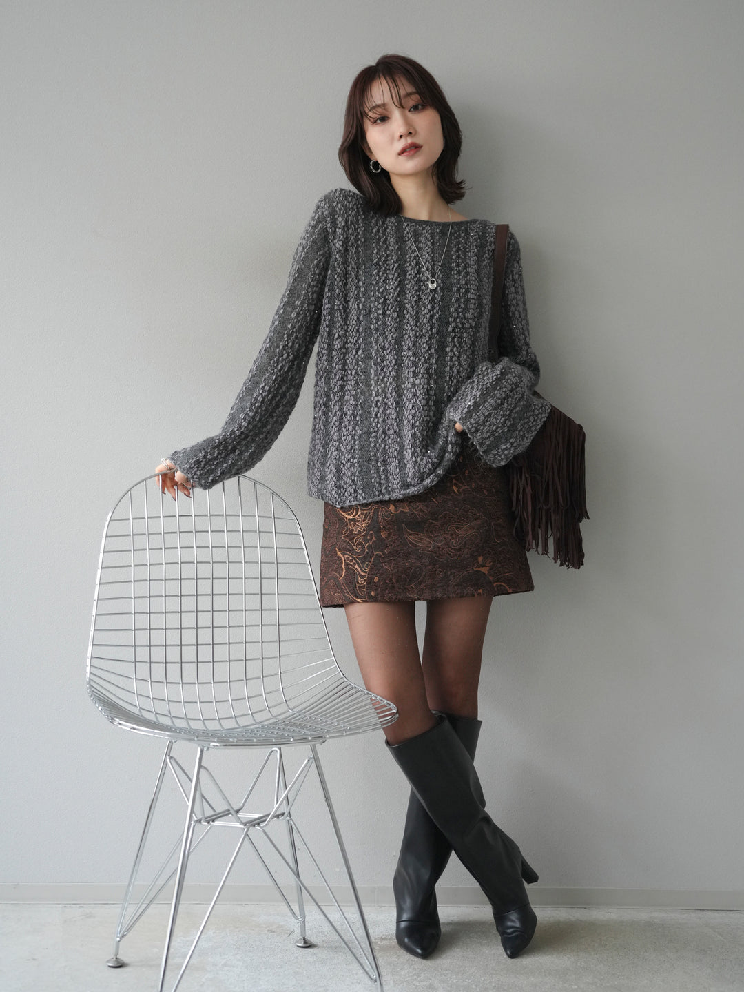 [予約]スパンコール異素材ストライプニットプルオーバー/gray