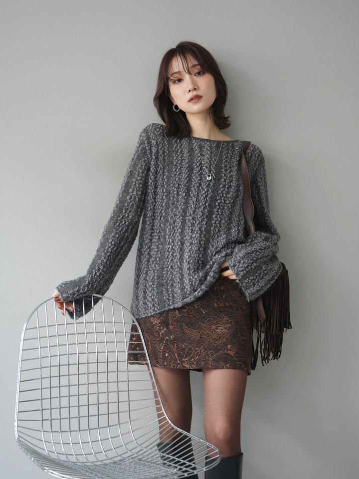 [予約]スパンコール異素材ストライプニットプルオーバー/gray