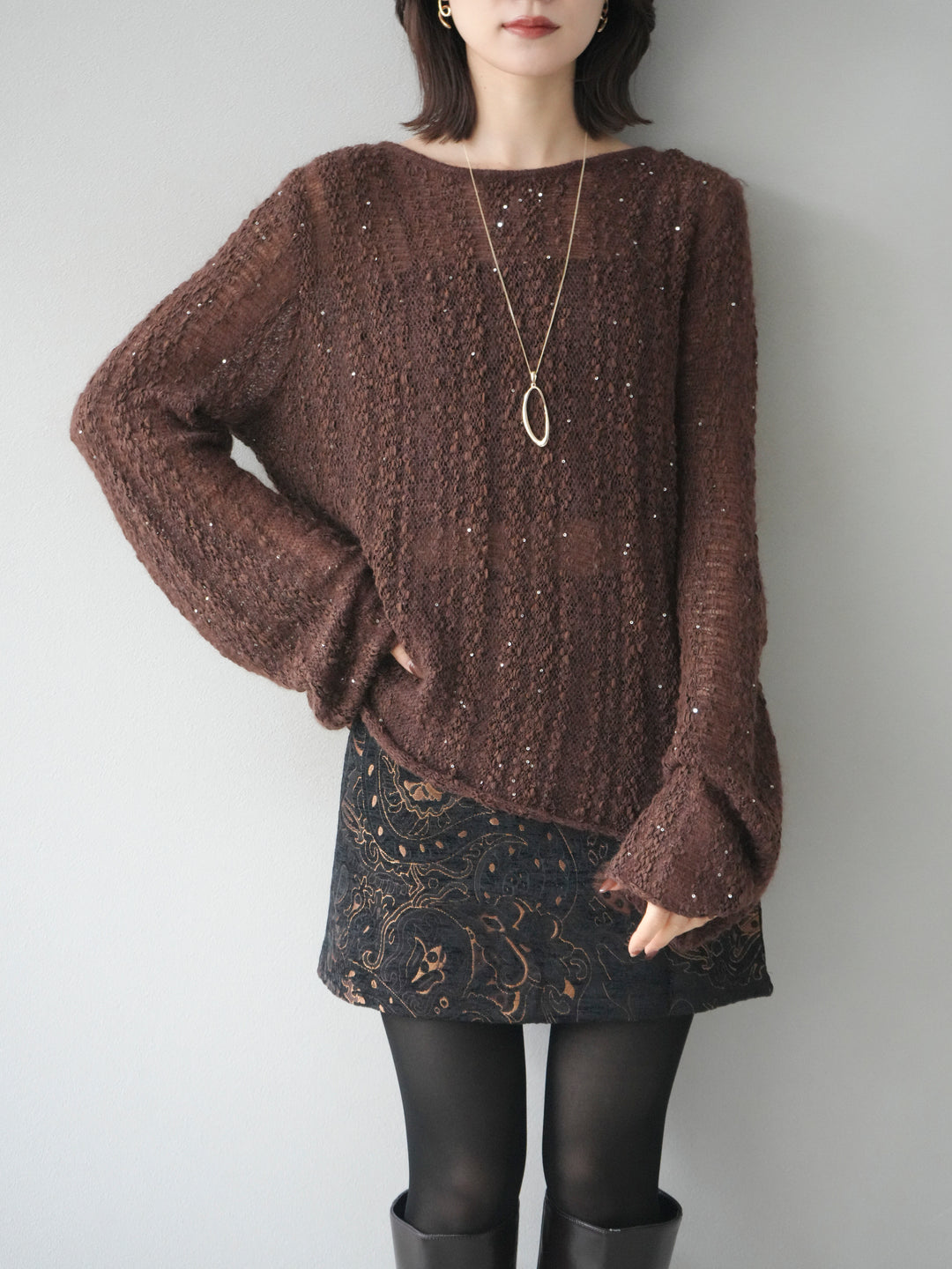 [予約]スパンコール異素材ストライプニットプルオーバー/brown