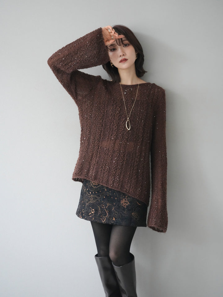 [予約]スパンコール異素材ストライプニットプルオーバー/brown