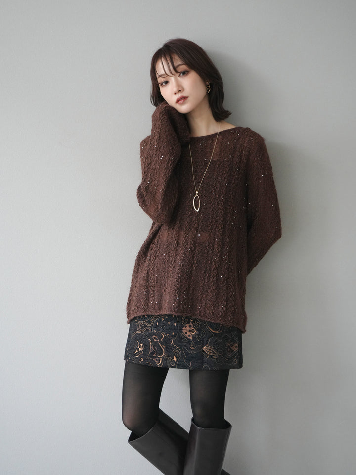 [予約]スパンコール異素材ストライプニットプルオーバー/brown