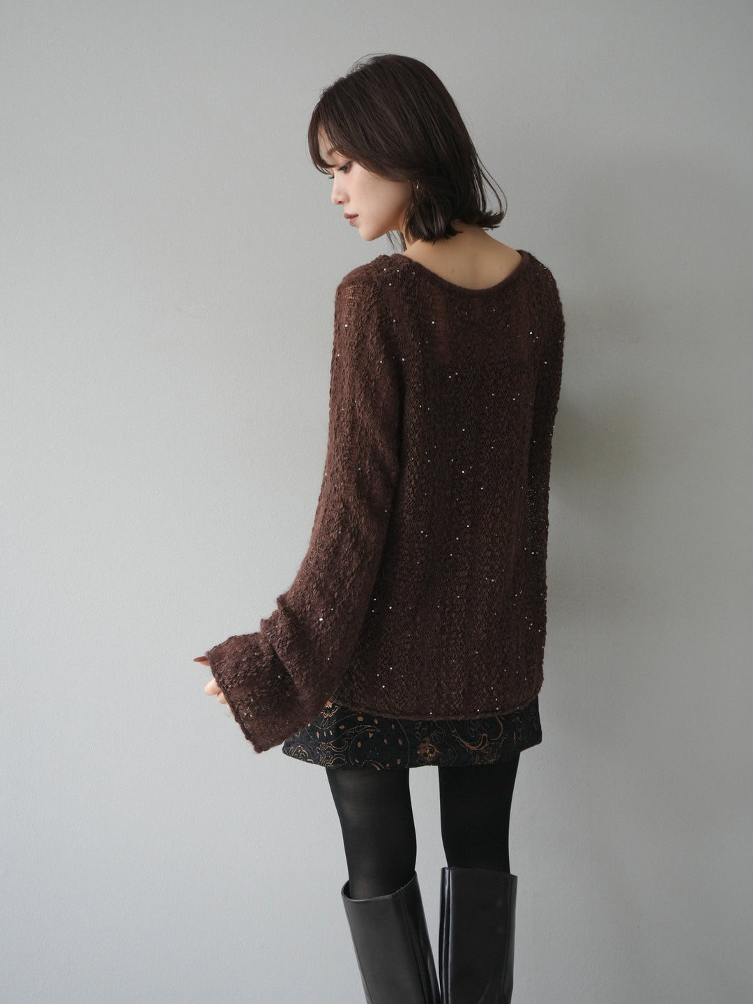 [予約]スパンコール異素材ストライプニットプルオーバー/brown