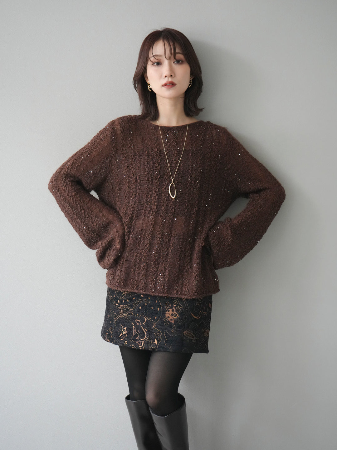 [予約]スパンコール異素材ストライプニットプルオーバー/brown