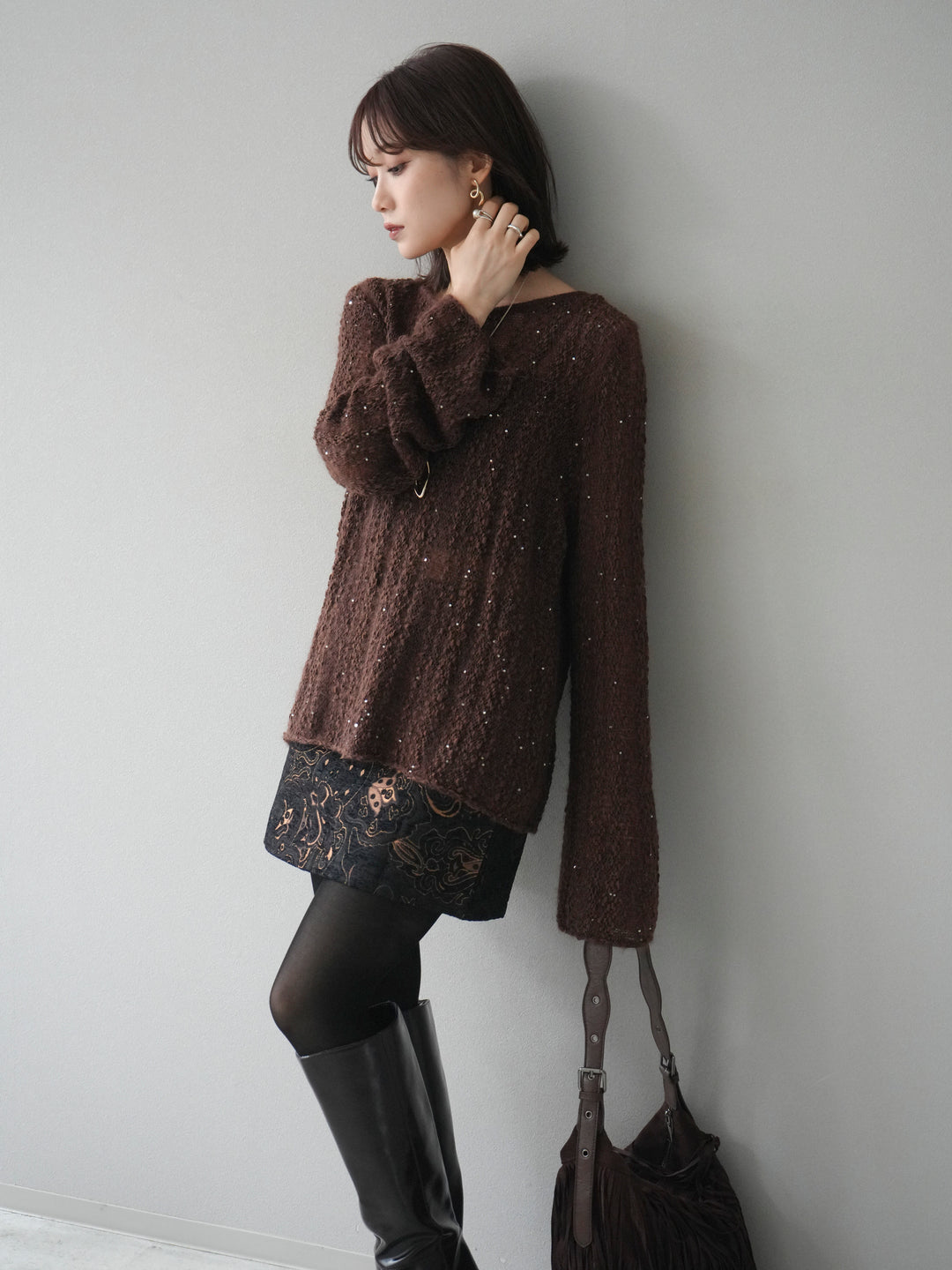 [予約]スパンコール異素材ストライプニットプルオーバー/brown