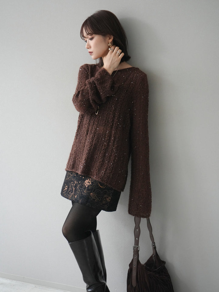 [予約]スパンコール異素材ストライプニットプルオーバー/brown