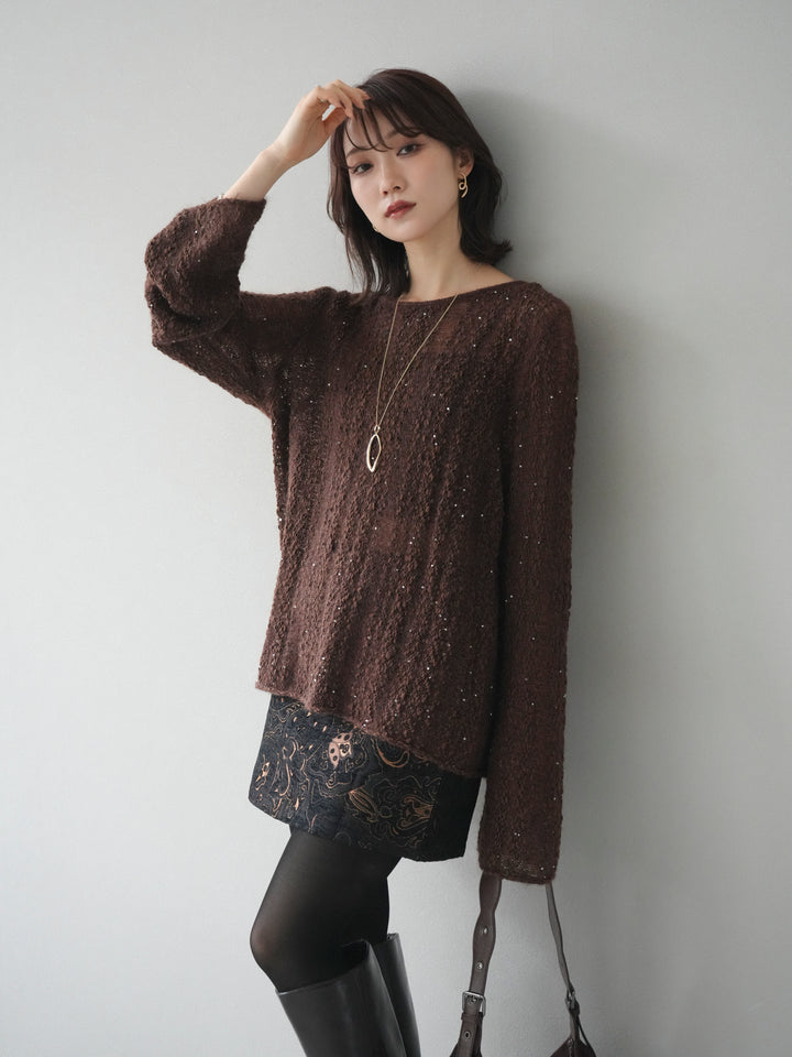 [予約]スパンコール異素材ストライプニットプルオーバー/brown