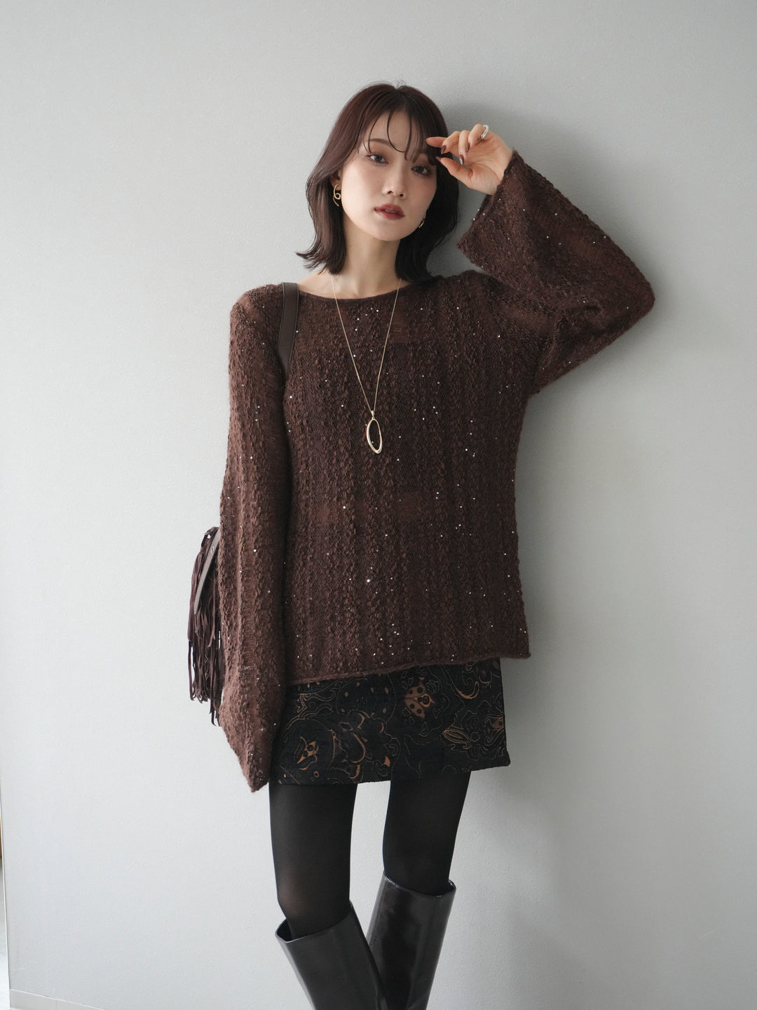 [予約]スパンコール異素材ストライプニットプルオーバー/brown