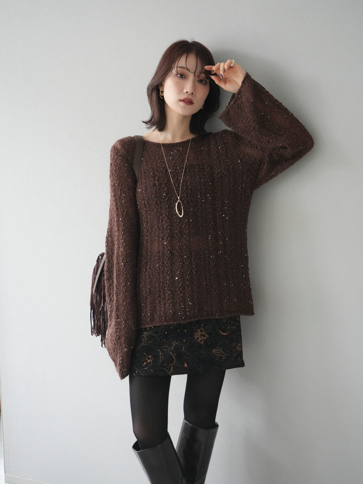 [予約]スパンコール異素材ストライプニットプルオーバー/brown