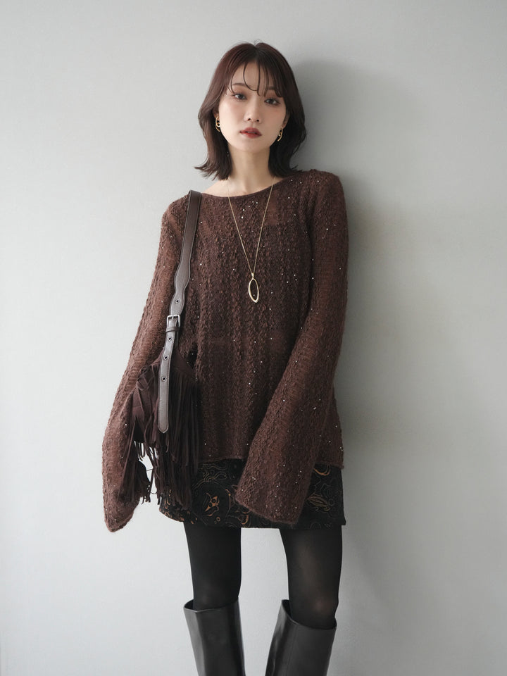 [予約]スパンコール異素材ストライプニットプルオーバー/brown