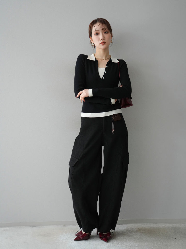 [予約]レイヤード配色ポロニットトップス/black