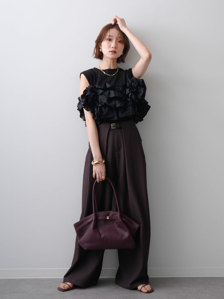 [SET]フリルドッキングノースリカットソー+ベルトループデザインワイドパンツ(2set)