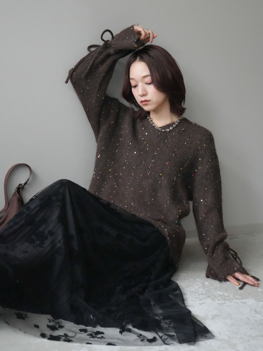 [SET]キャンディースリーブカラーネップスパンコールニットプルオーバー+フラワーフロッキーチュールプリーツスカート(2set)