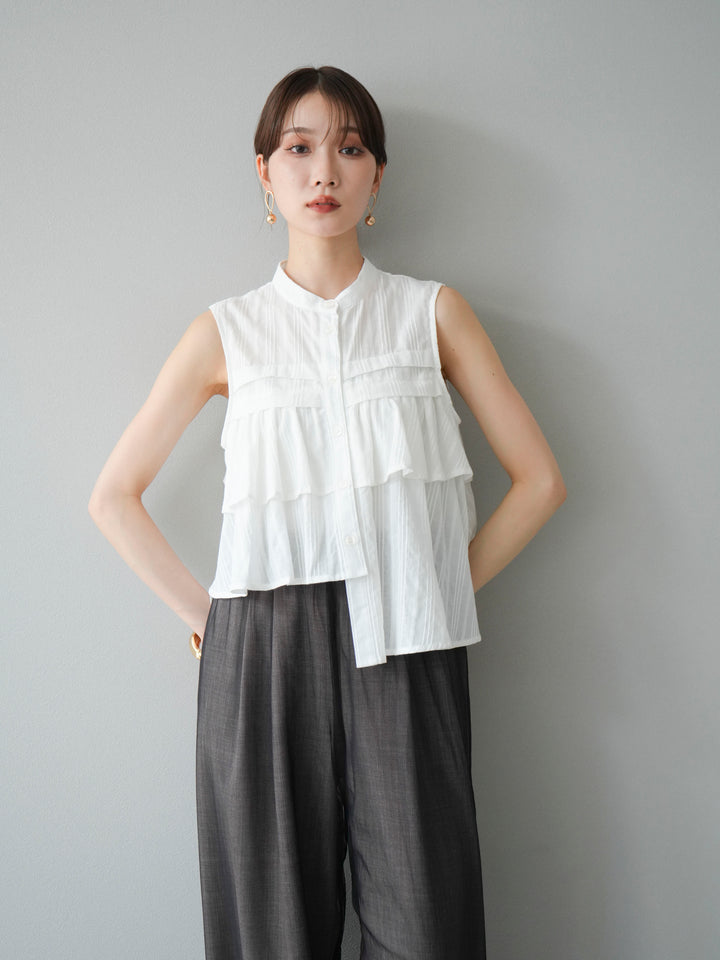 [SET]ドビーストライプアシンメトリーフリルノースリブラウス+コード刺繍チュールレイヤードパンツ+リネンライクイージーワイドパンツ(3set)