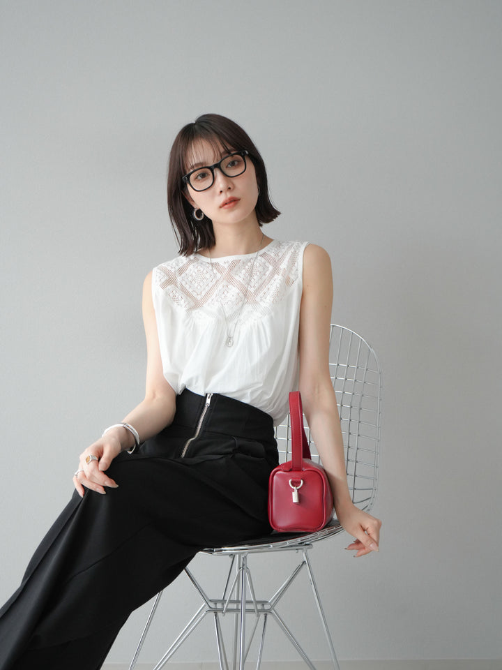 [予約]インド製コットンレース切替ノースリブラウス/オフ