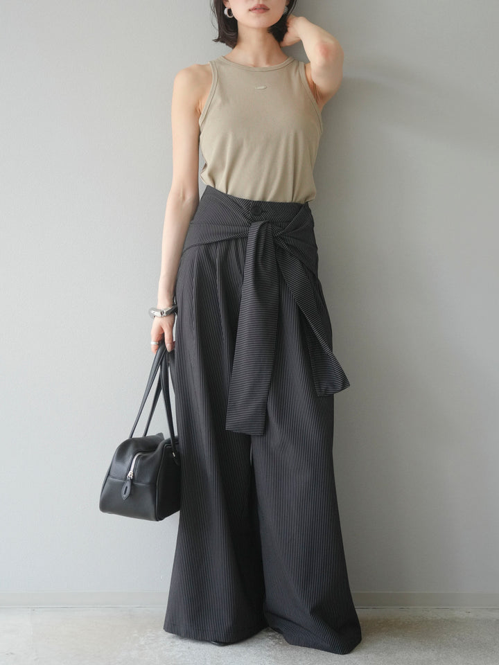 【預購】條紋裹腰闊腿褲/黑色