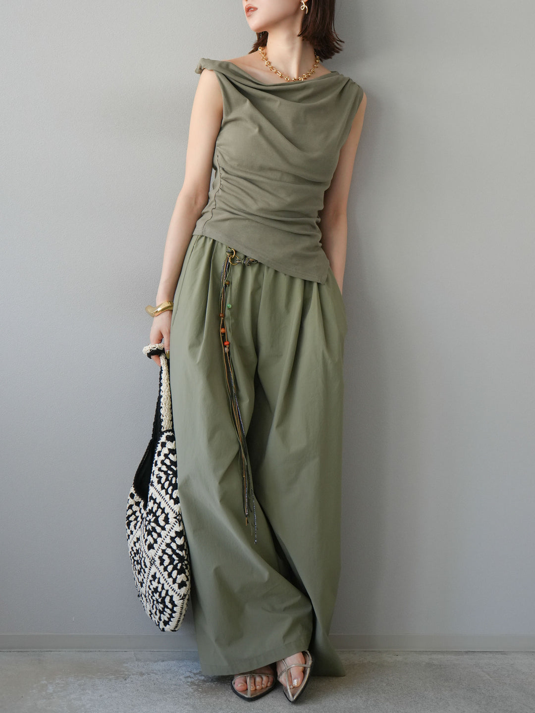 [SET]タックデザイントップス＆ビーズベルト付きパンツSET UP(2set)