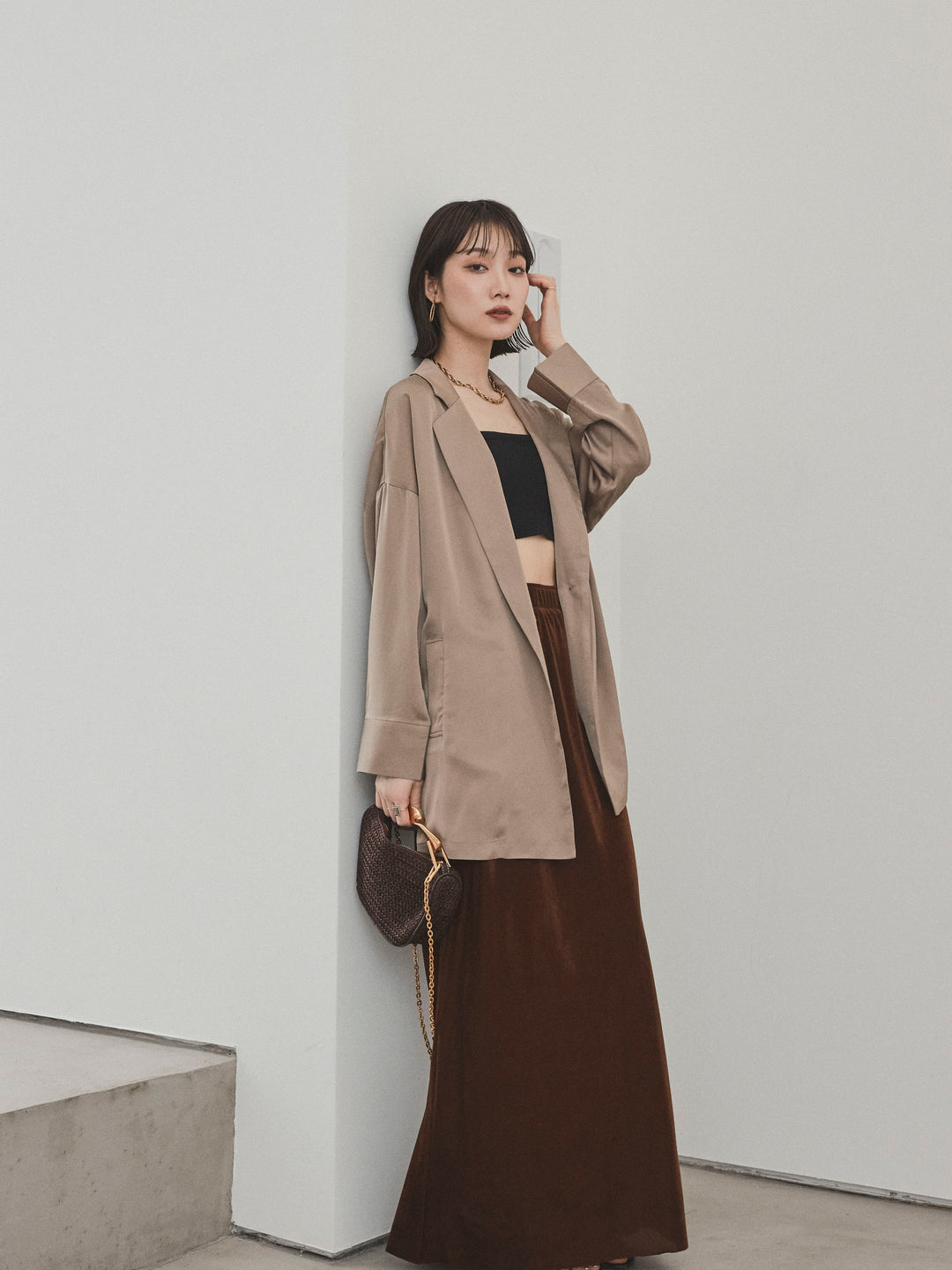 [SET] 霧面緞面外套 + 天鵝絨半身裙 (2set)