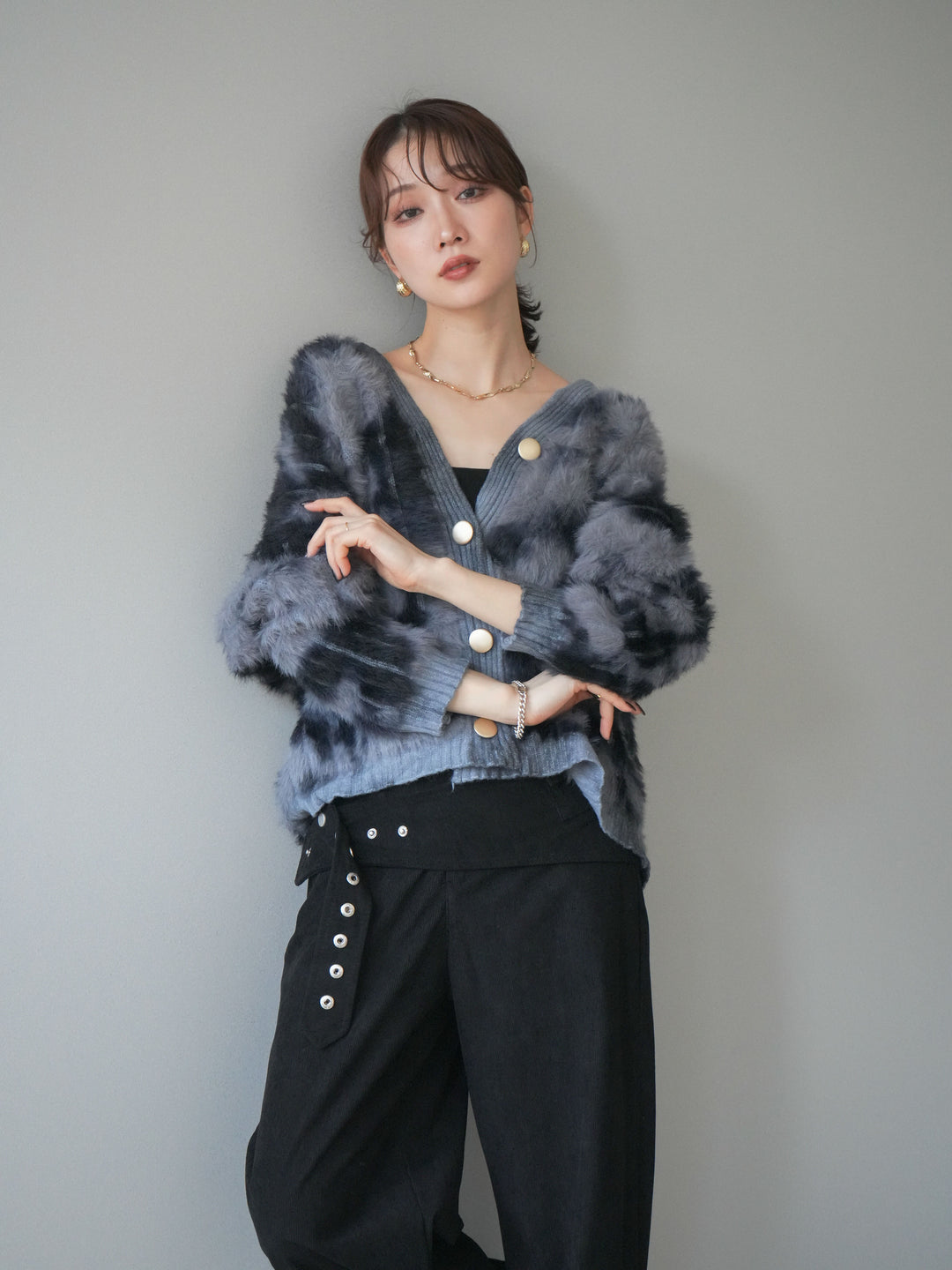 [予約]ニュアンス柄シャギーニットカーディガン/gray