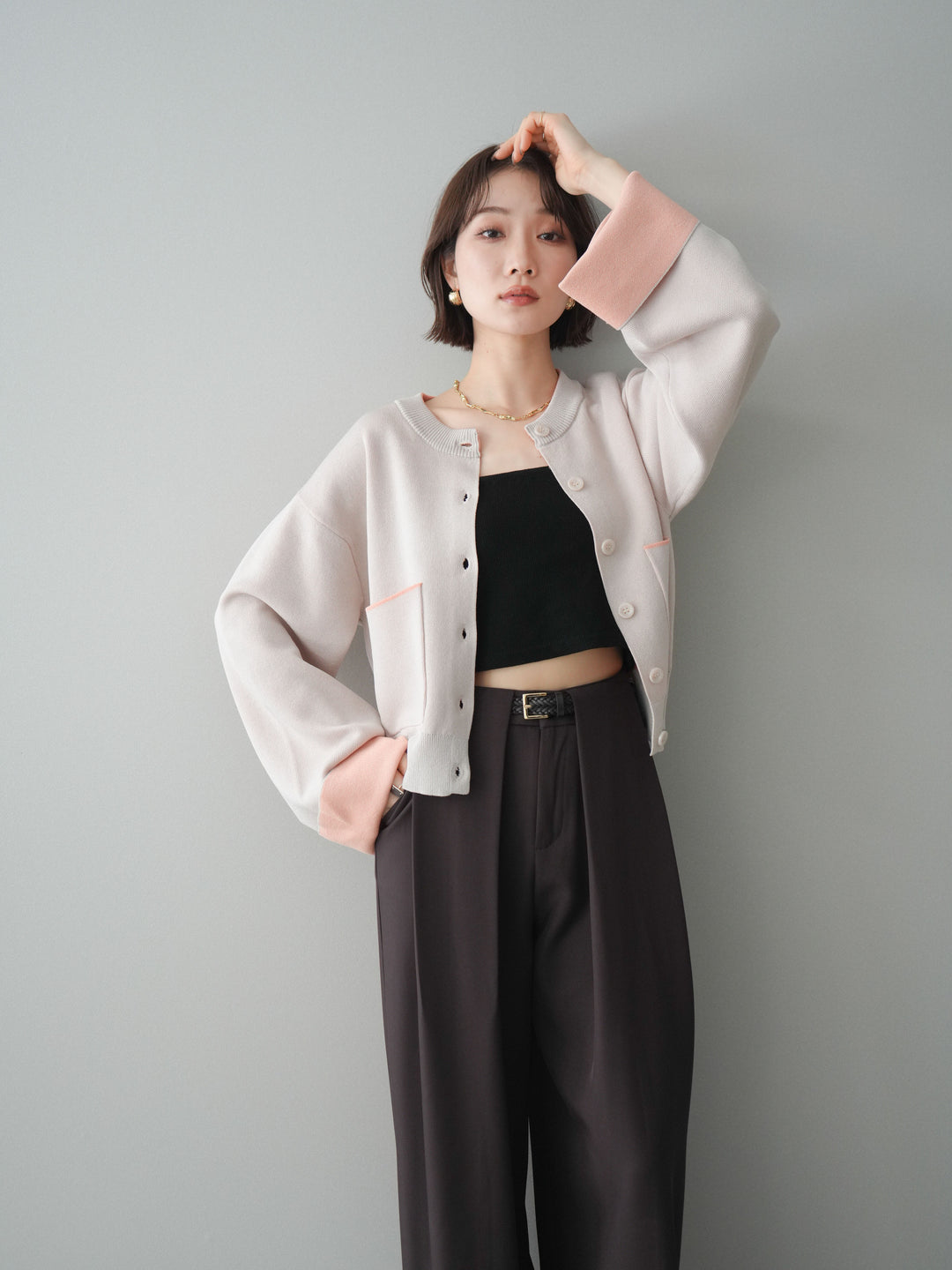 [SET]レーヨンポリダブルフェイスニットカーディガン+ベルトループデザインワイドパンツ(2set)