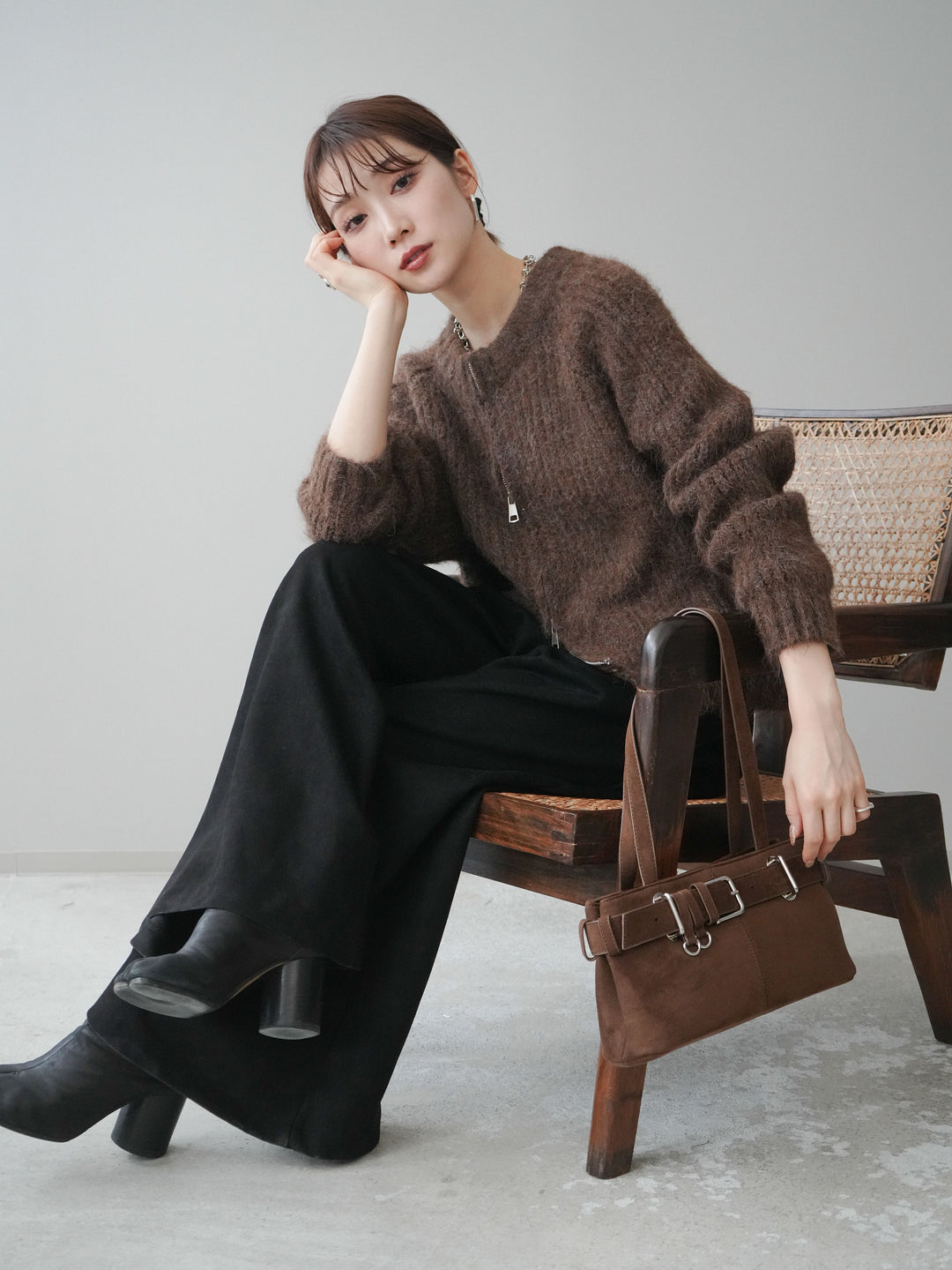 [予約]MIXヤーンモヘアタッチZIPニットカーディガン/brown