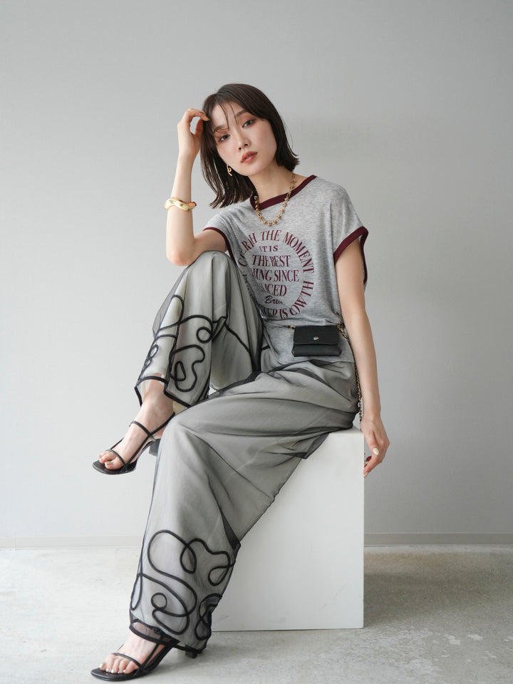 [SET] 繩繡薄紗疊穿褲+麻質寬鬆寬褲（2件組）