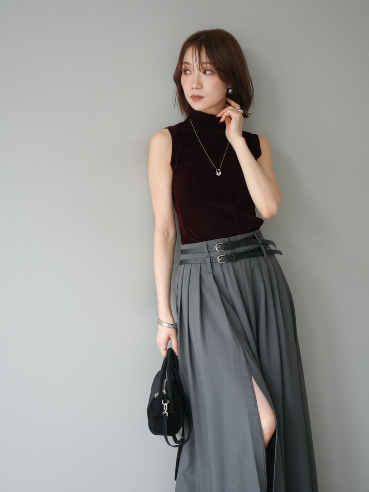 [SET]シアーベロアプチネックノースリーブトップス+エステルプリーツスリットスカート(2set)