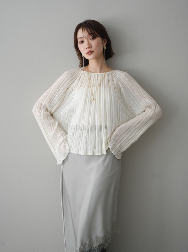 [SET]プリーツシアーフレアスリーブニットトップス+センターシームフレアパンツ+サテンライクアシメレーススカート(3set)