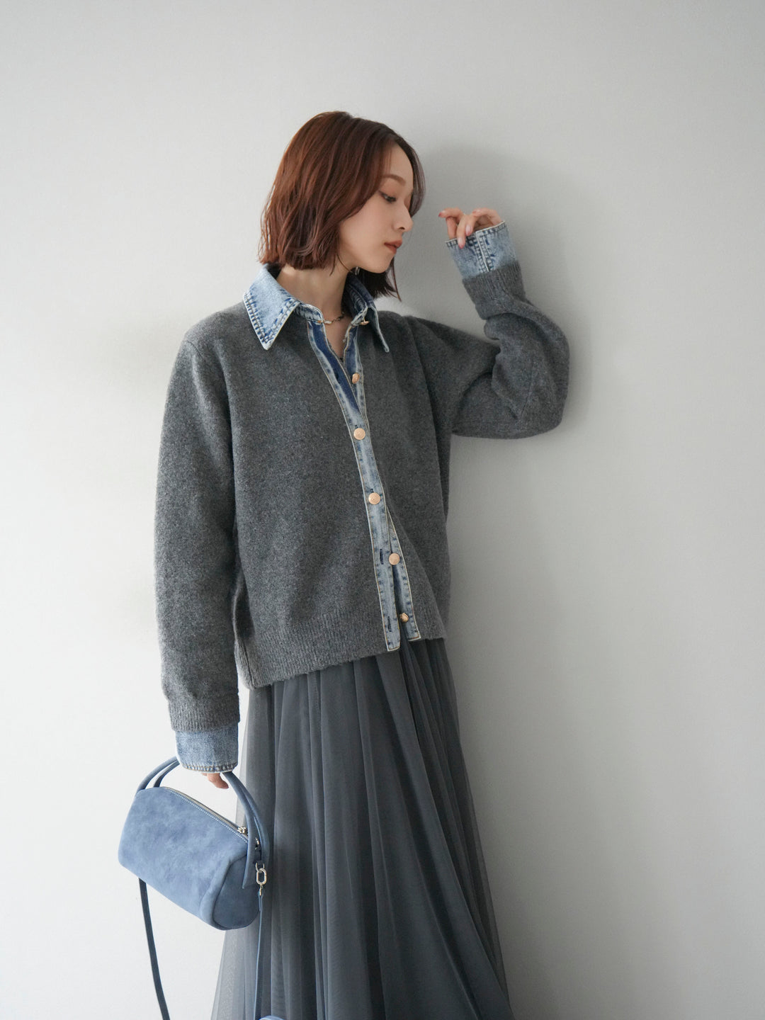 [予約]デニム襟ボタンニットカーディガン/チャコール