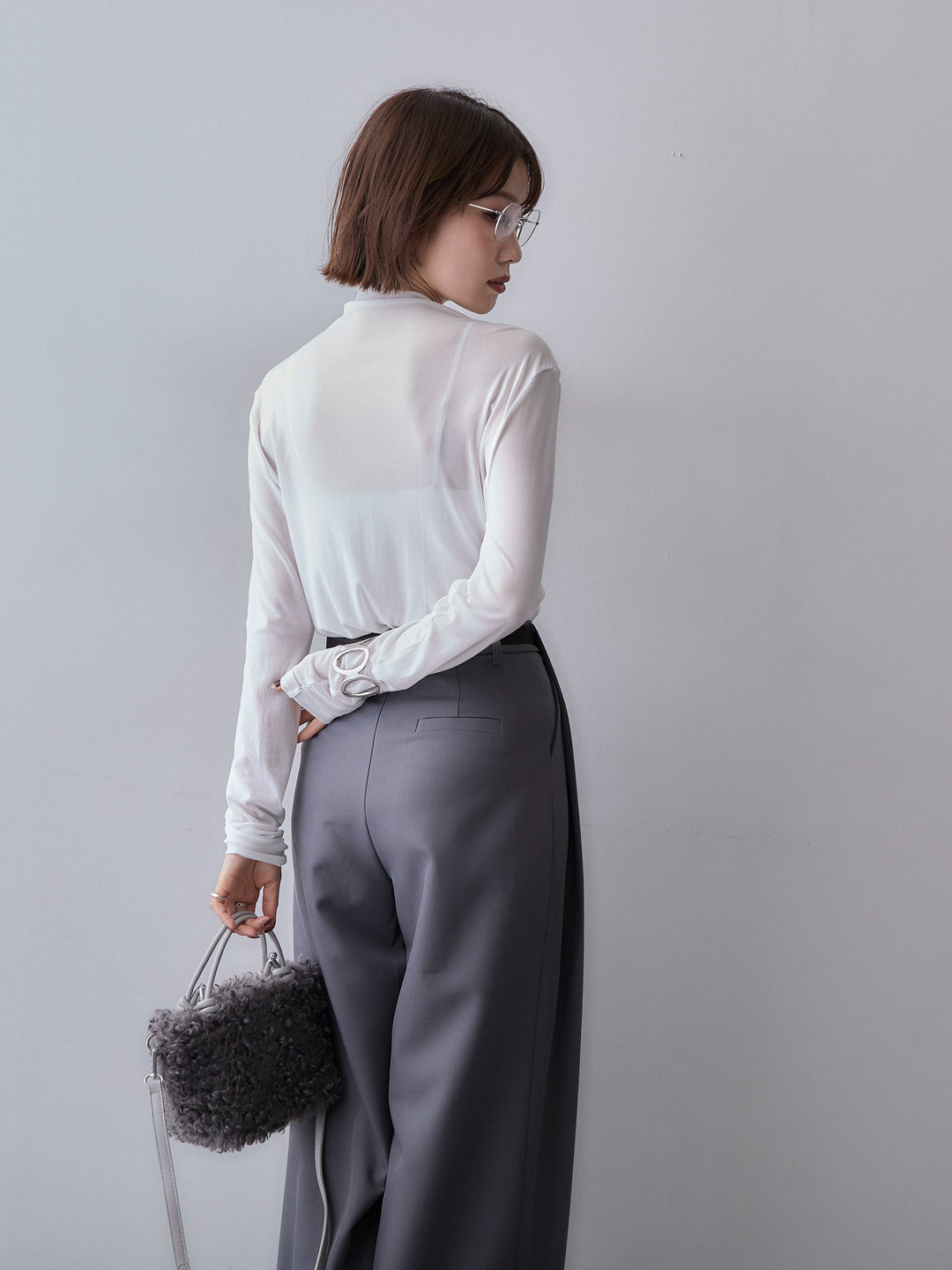 [SET]メッシュボトルネックトップス+ベルトループデザインワイドパンツ(2set)