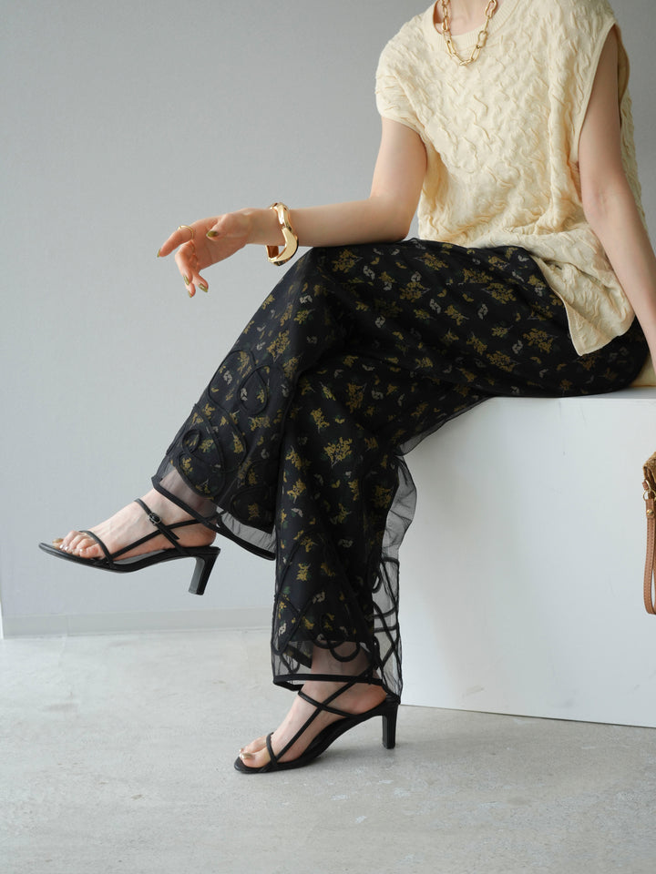 [SET]コード刺繍チュールレイヤードパンツ+ブーケプリントタックパンツ(2set)