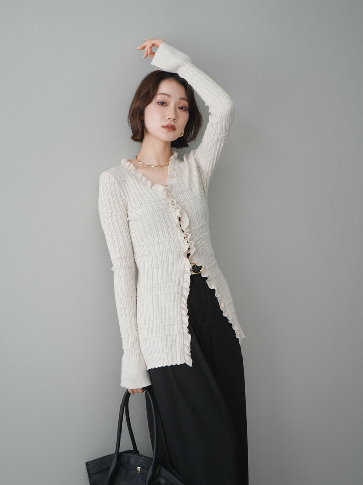 [予約]フロントフリルリブニットカーディガン/beige