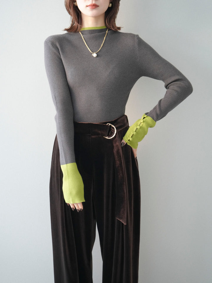 [SET]袖ボタンハイネック配色リブニットトップス+選べるアクセセット(2set)