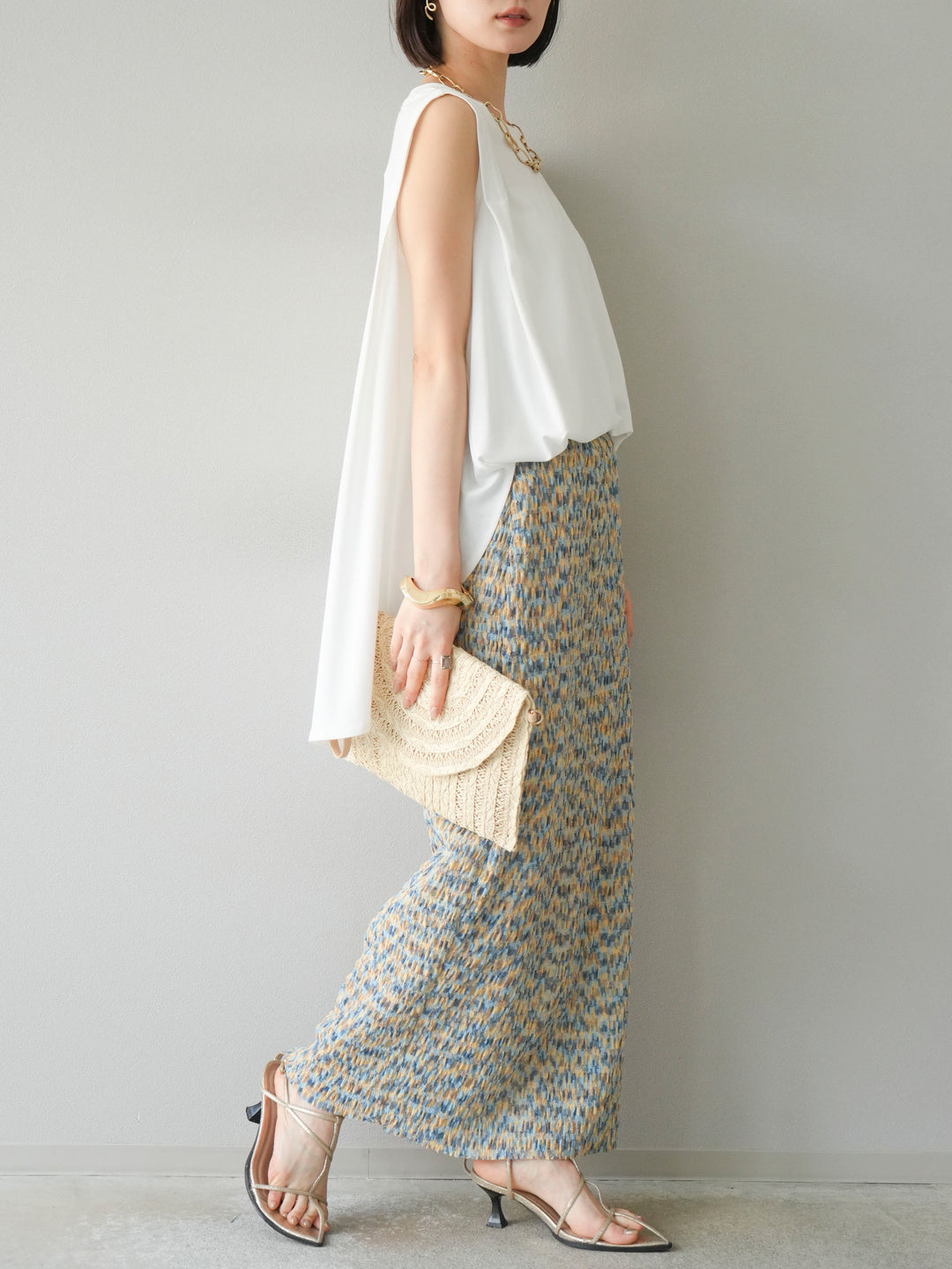 [予約]マルチカラーランダムプリーツタイトスカート/イエロー