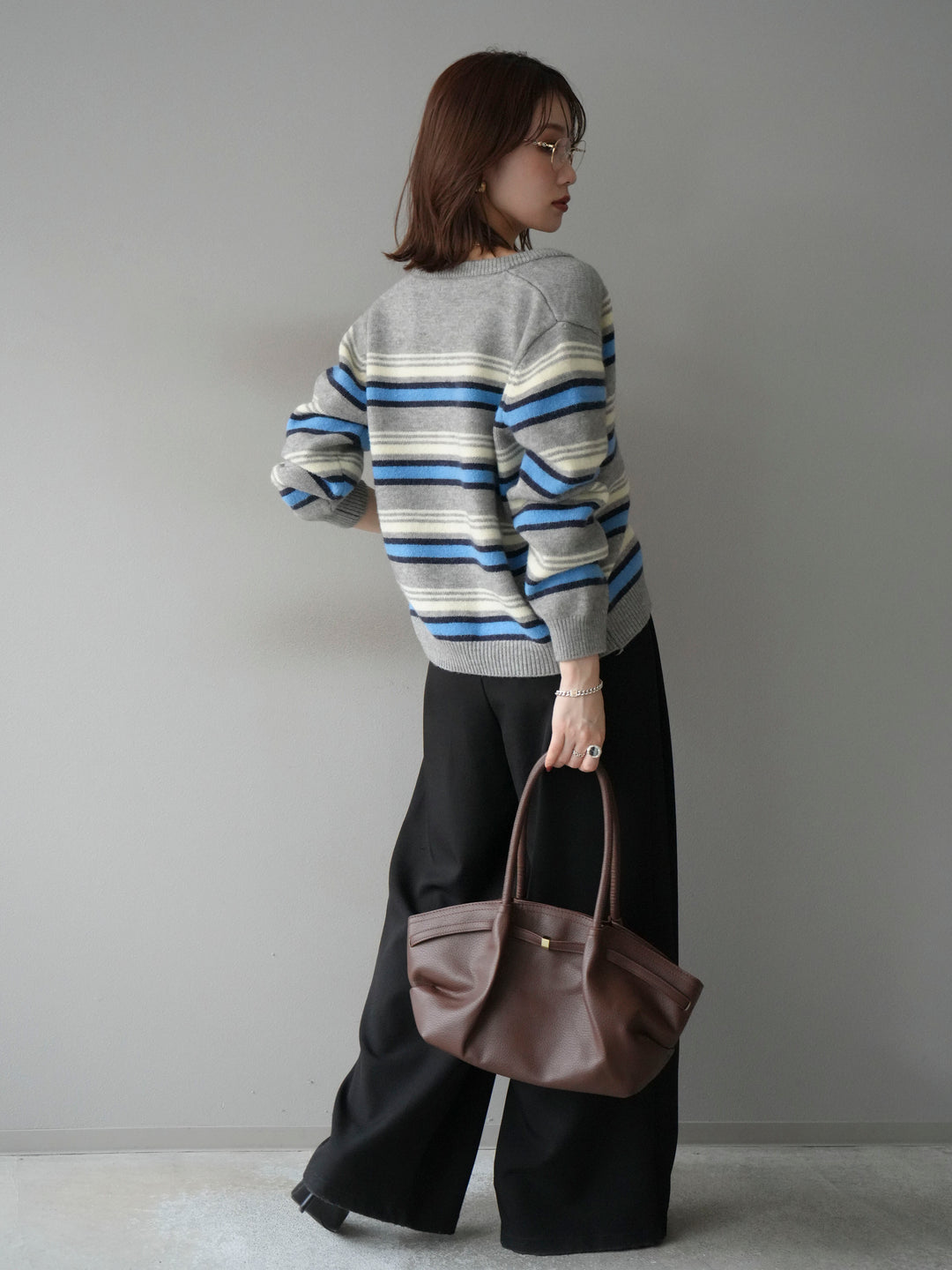 [SET]マルチボーダーニットカーディガン+ベルトループデザインワイドパンツ(2set)