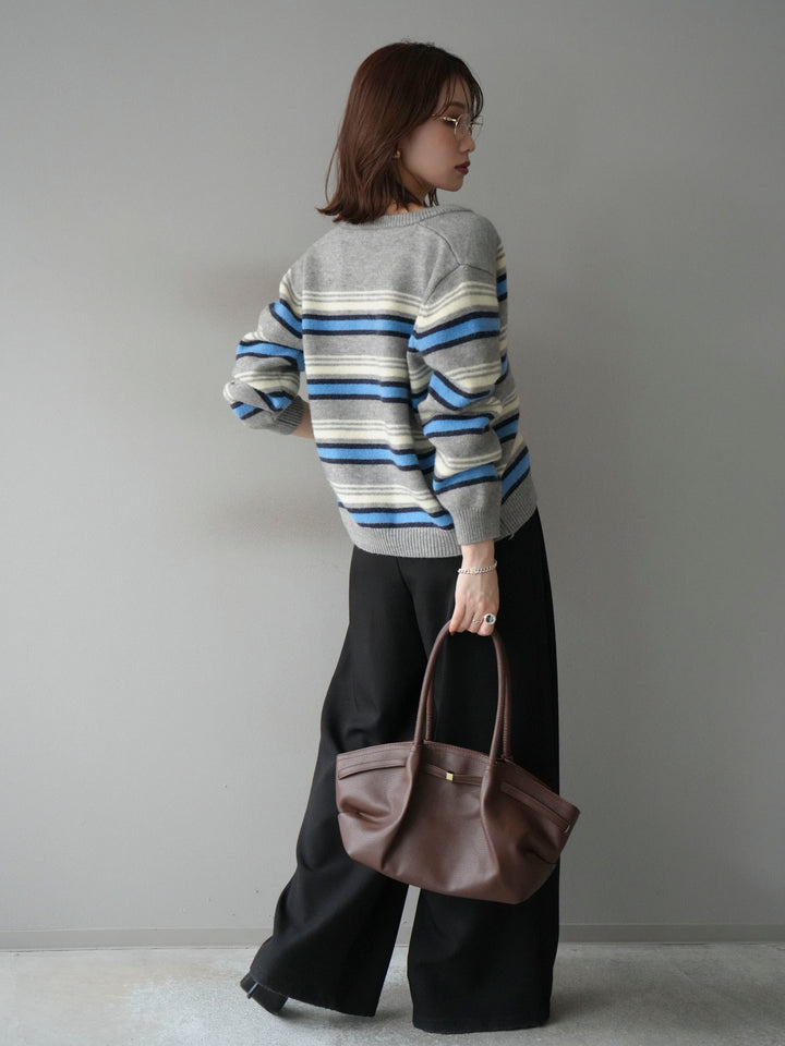 [SET]マルチボーダーニットカーディガン+ベルトループデザインワイドパンツ(2set)