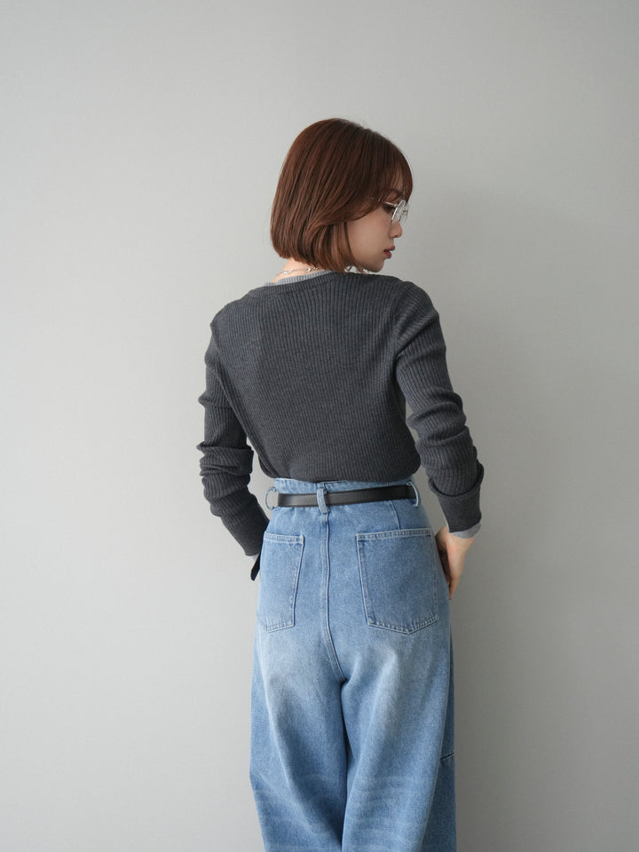 [SET]バイカラーキーネックリブニットトップス+ハイウエストベルトループデザインデニムパンツ(2set)