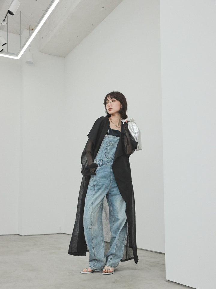 [SET] 中縫牛仔背帶褲 + 透視長版外套（2 件組）