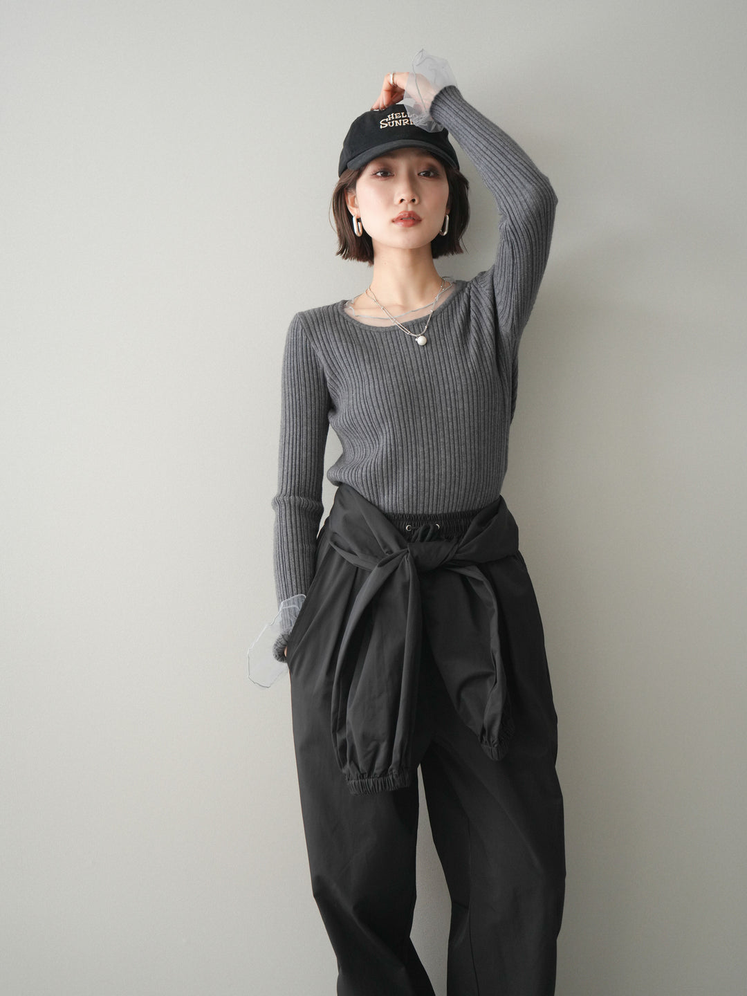 [予約]チュールレイヤードリブニットトップス/gray