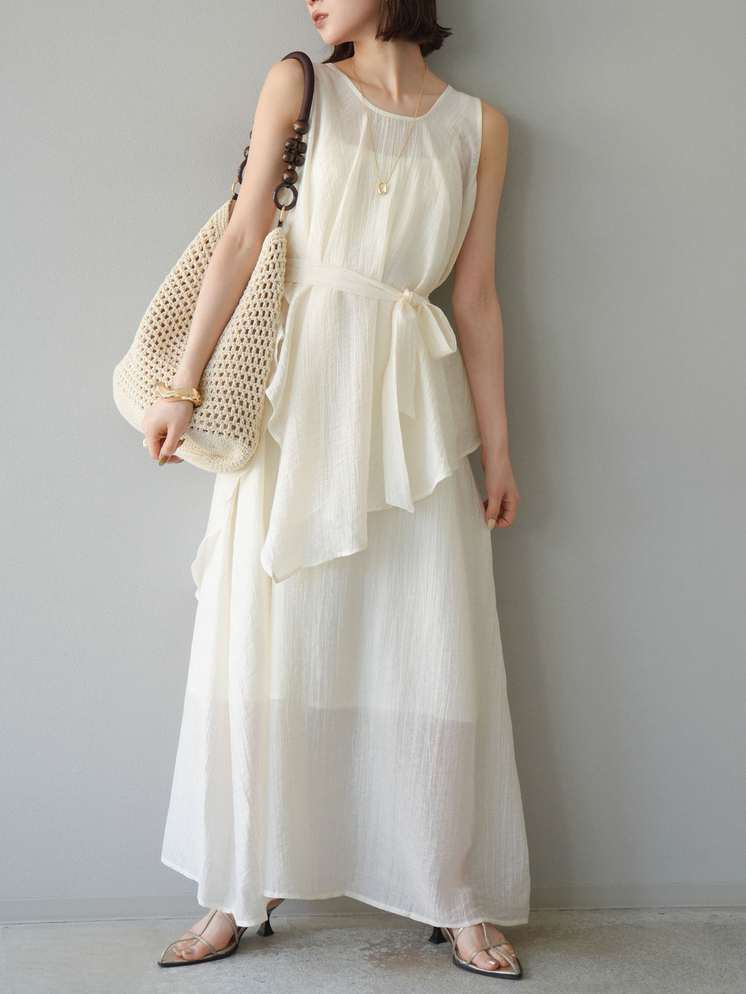 [SET]ワッシャーシアーアシメブラウス＆キャミワンピース+選べるアクセセット(2set)