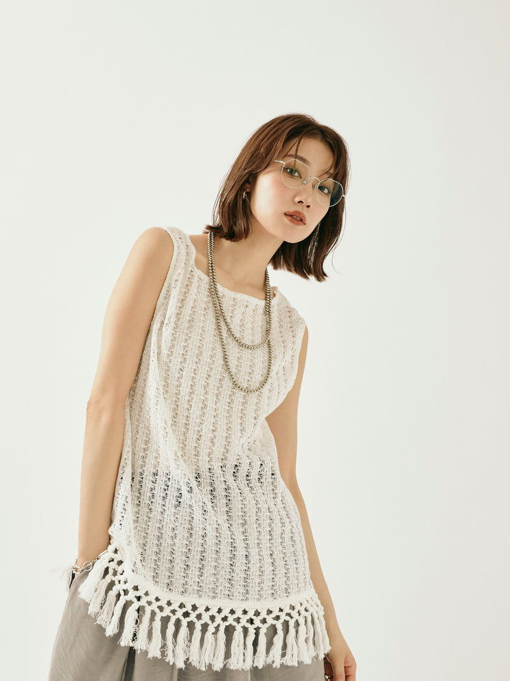 [予約]フリンジ透かし編みニットベスト/ホワイト