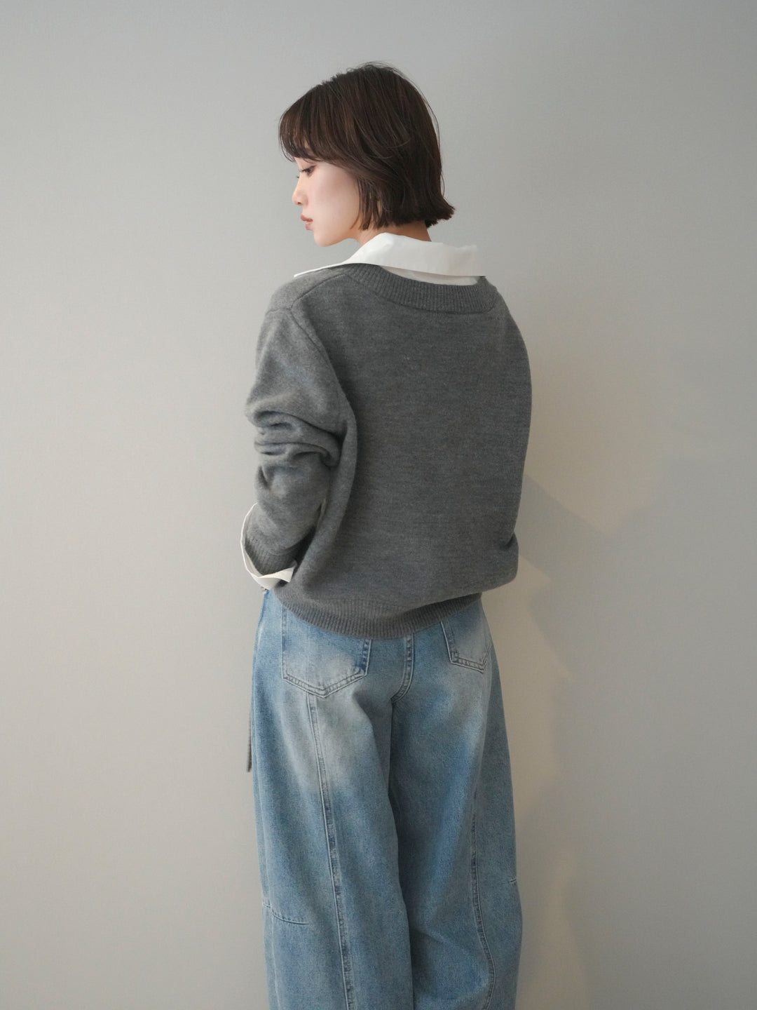 [予約]シャツドッキングVネックニットトップス/gray