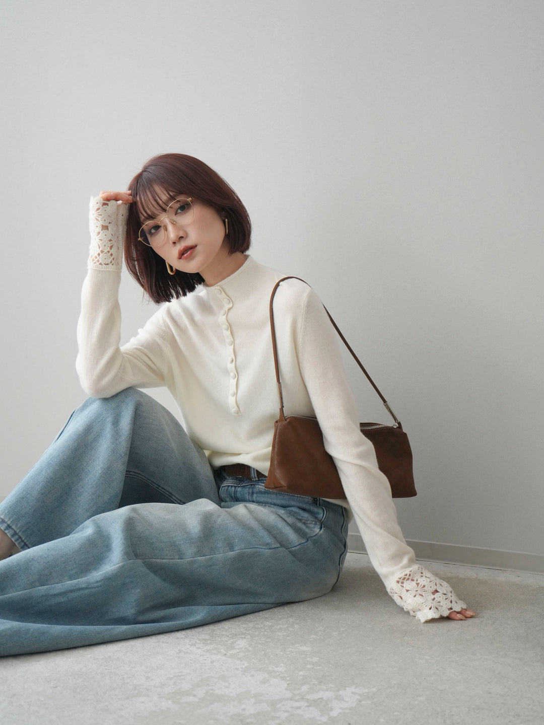 [予約]袖スカラップレースフロントボタンウールニットトップス/white