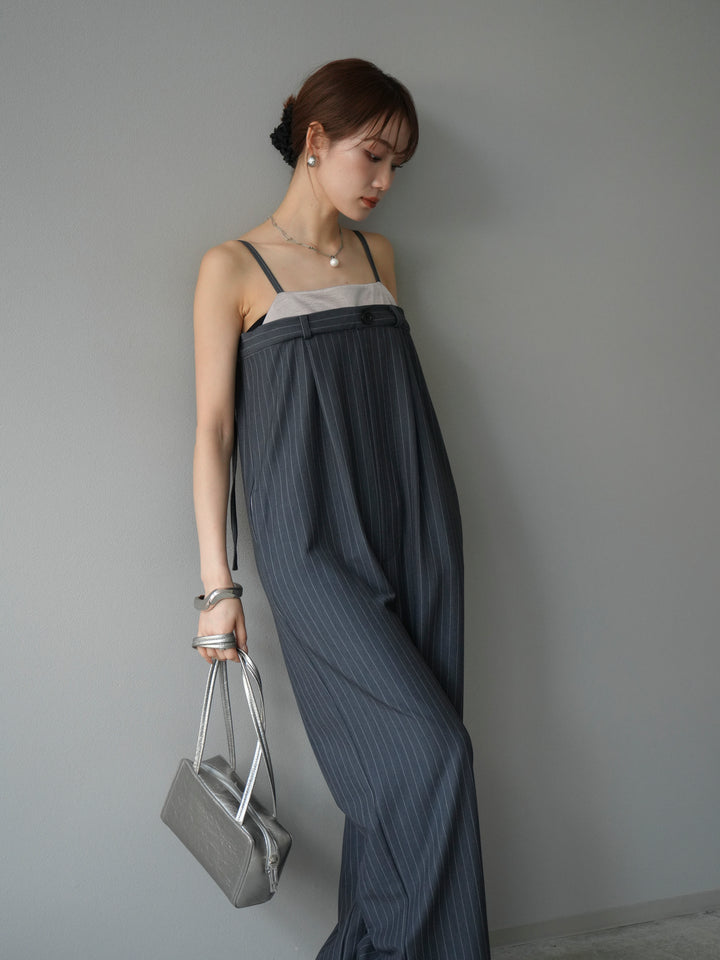 [予約]サテン切替ピンストライプサロペット/グレー