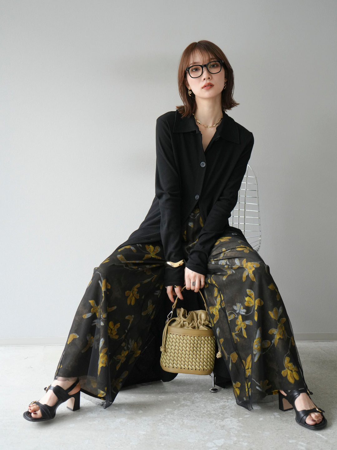 [SET]襟付きカットリブボタンワンピース+フラワープリントチュールレイヤードパンツ(2set)