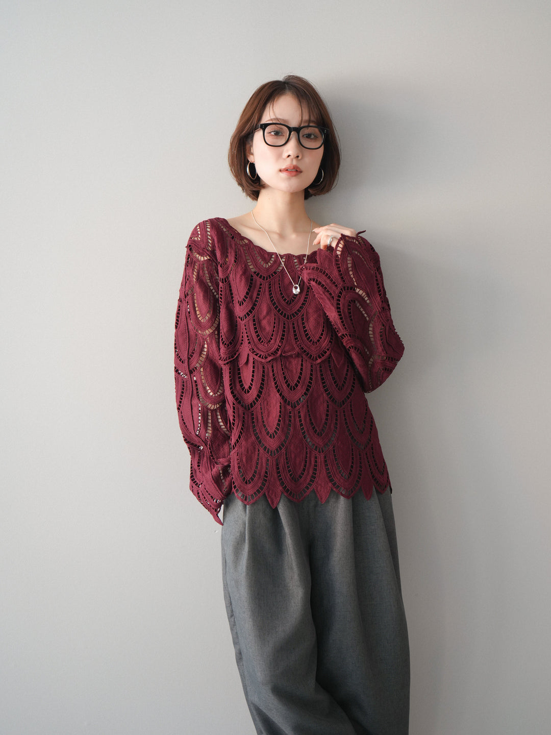 [予約]透かしコードレースブラウス/bordeaux
