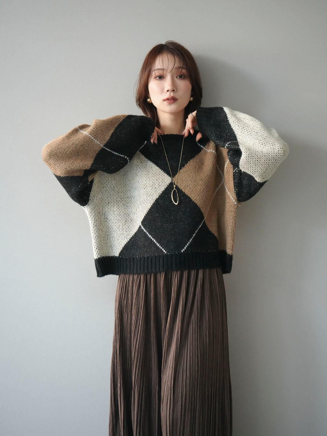 [SET]配色ステッチアーガイル柄ニットプルオーバー+配色ステッチアーガイル柄ニットプルオーバー(2set)