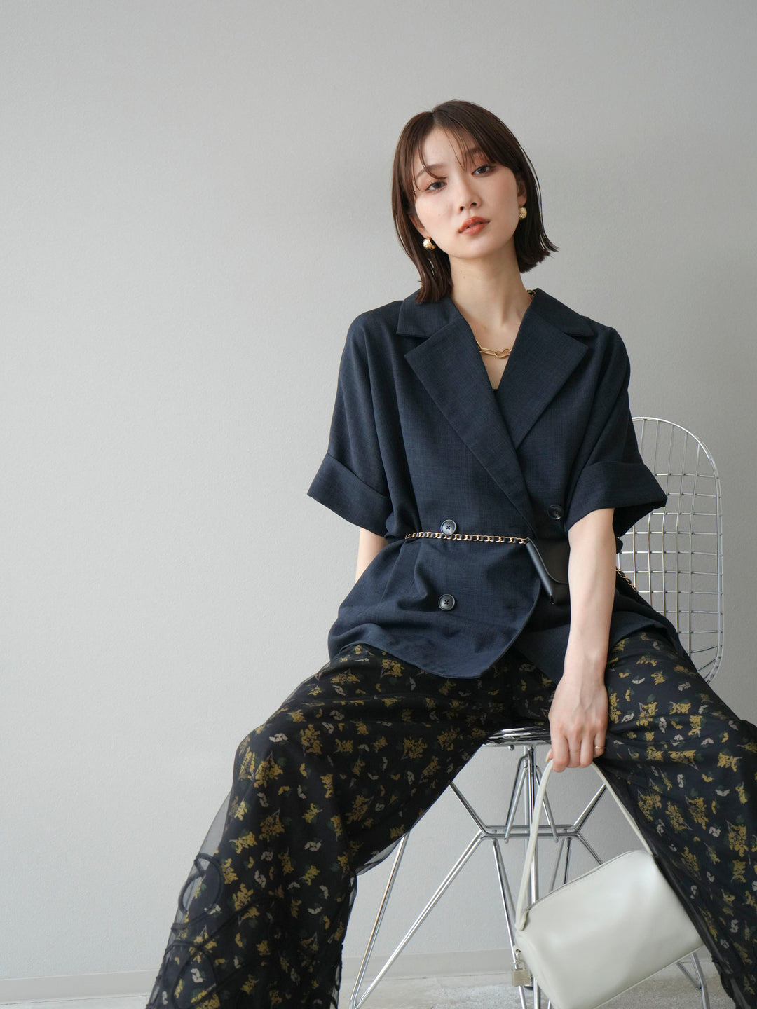 [SET]リネンライクハーフテーラードジャケット+コード刺繍チュールレイヤードパンツ(2set)