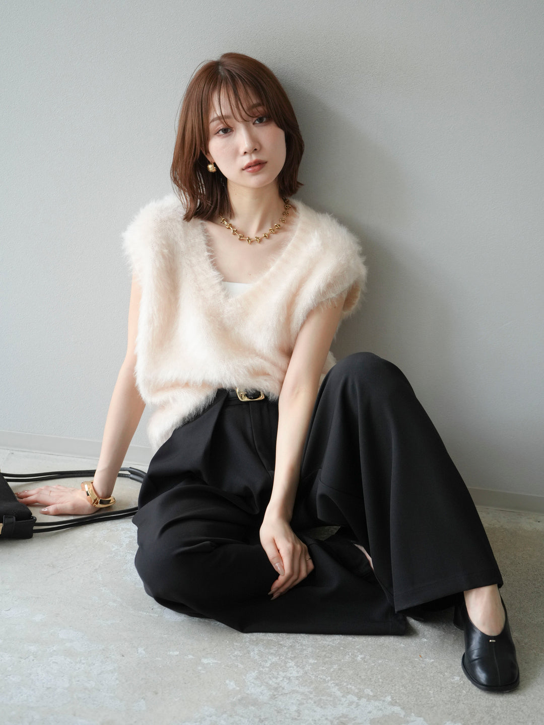 [SET]ラメシャギーVネックニットベスト+ベルトループデザインワイドパンツ(2set)