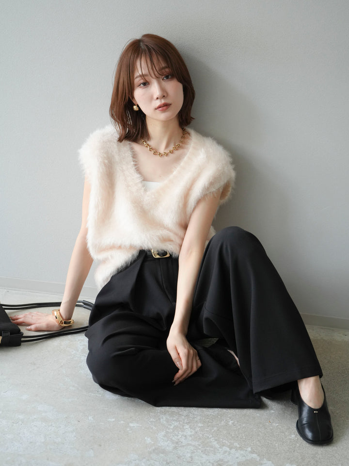 [SET]ラメシャギーVネックニットベスト+ベルトループデザインワイドパンツ(2set)